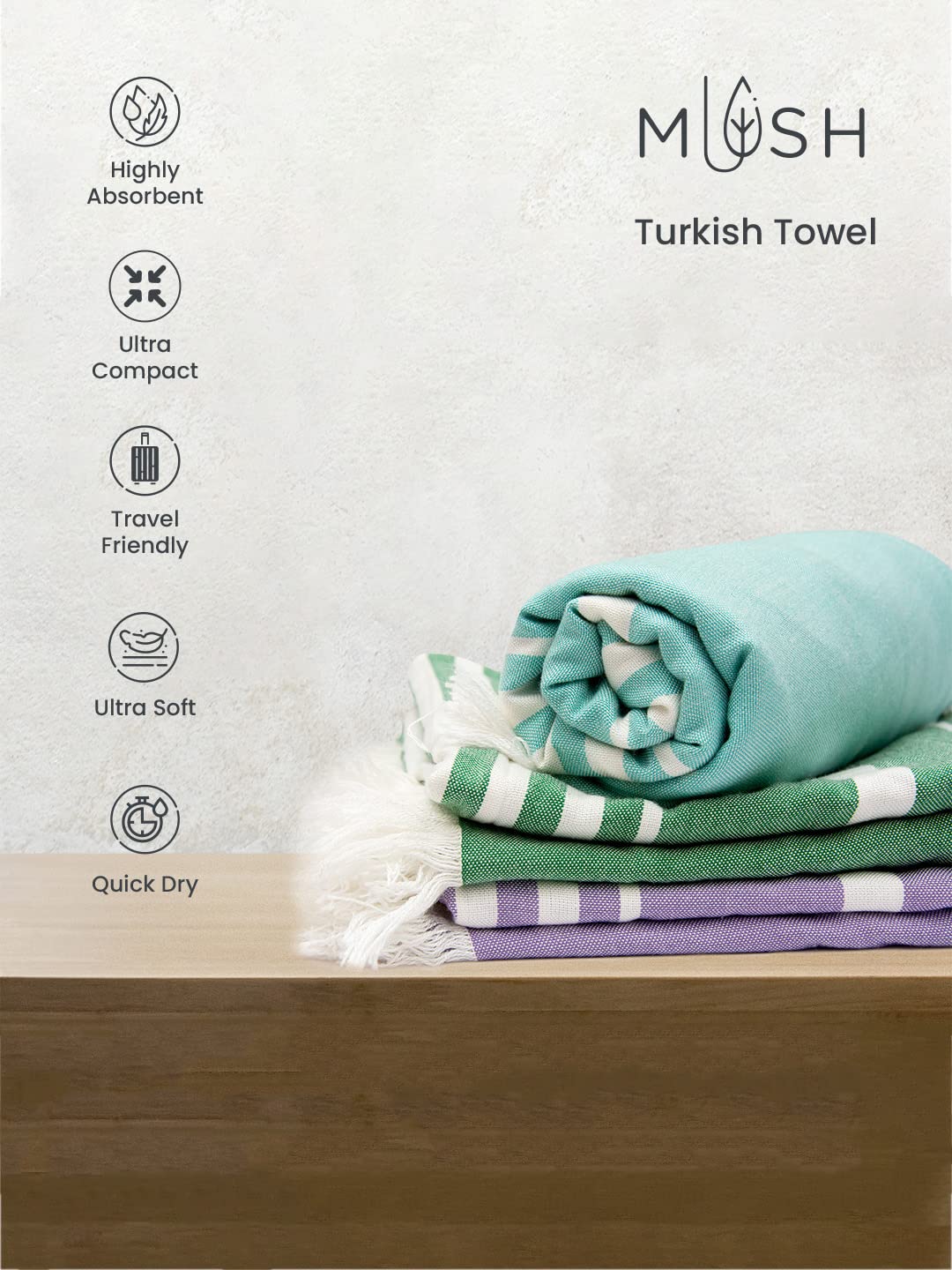 Mush 100% Bamboo Light Weight & Ultra-Compact Turkish Towel Super Soft, Absorbent, Quick Dry,Anti-Odor Bamboo Towel for Bath, Gym, Swim, Workout (2, Lavender - Dark Green)