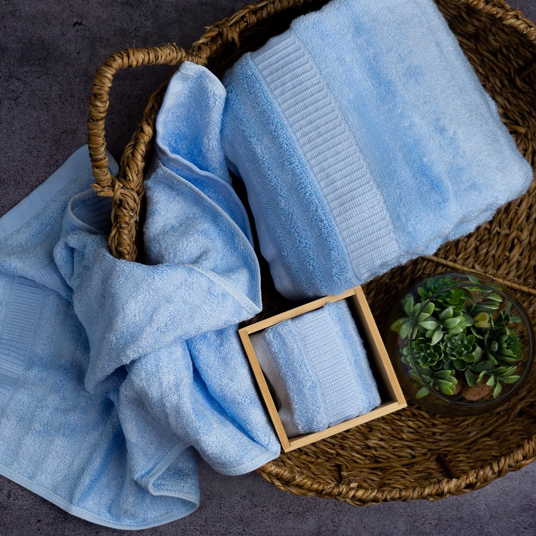 Mush 3 Piece Luxurious Bamboo Towels Set for Men and Women with Premium Packaging | Set of Bath, Hand, and Face Towel | Perfect as a Diwali/Wedding/House Warming (Gift Box : Sky Blue)