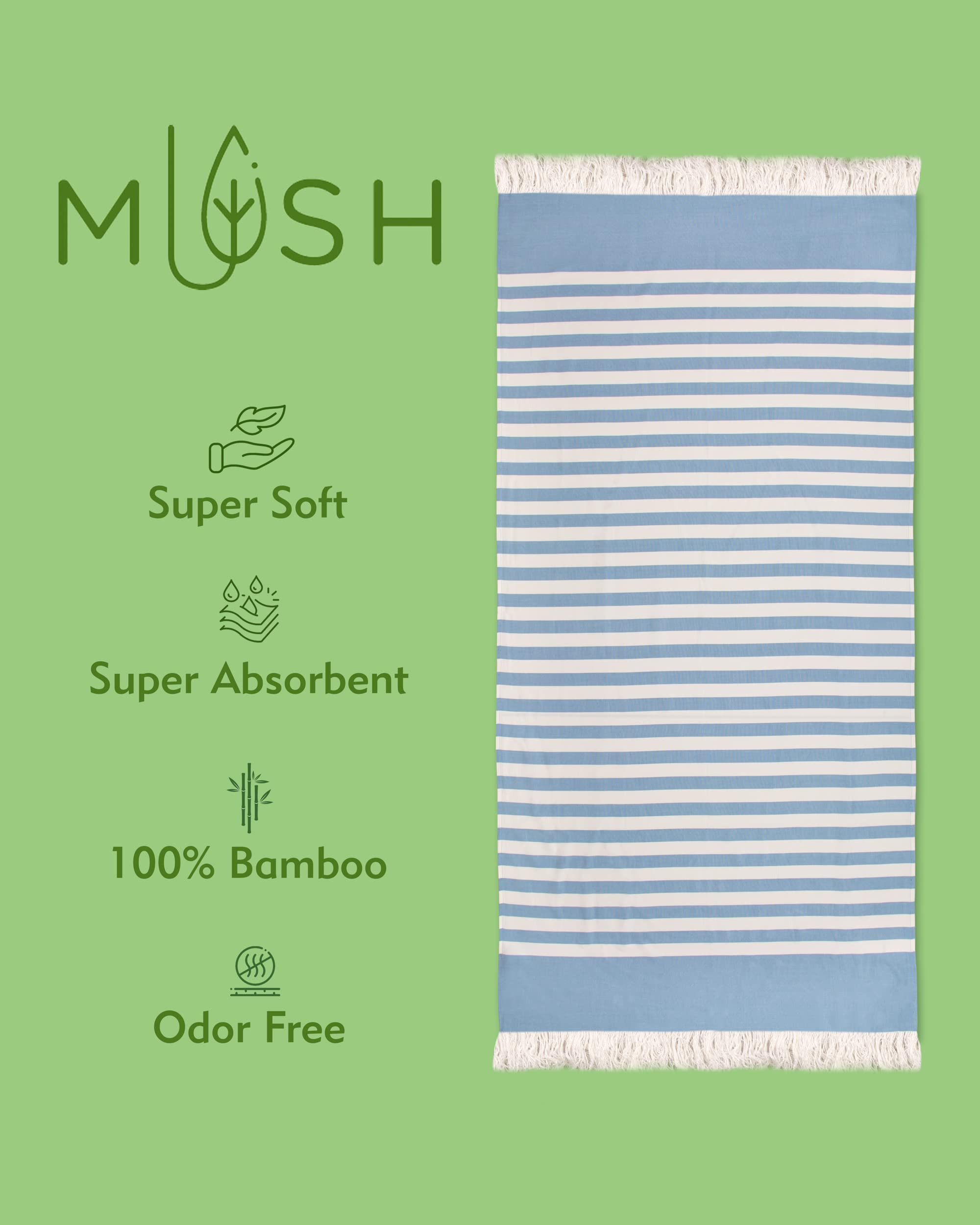 Mush 100% Bamboo Light Weight & Ultra-Compact Turkish Towel Super Soft, Absorbent, Quick Dry,Anti-Odor Bamboo Towel for Bath,Travel,Gym, Swim and Workout (1, Ice melt Blue)
