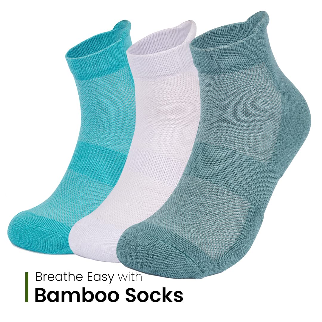 Mush Bamboo Performance Socks for Men || Sports & Casual Wear Ultra Soft, Anti Odor, Breathable Ankle Length Pack of 3 UK Size 6-10 (Black, Dark Grey, Navy Blue & Aqua Blue, White, Sea Green, 6)