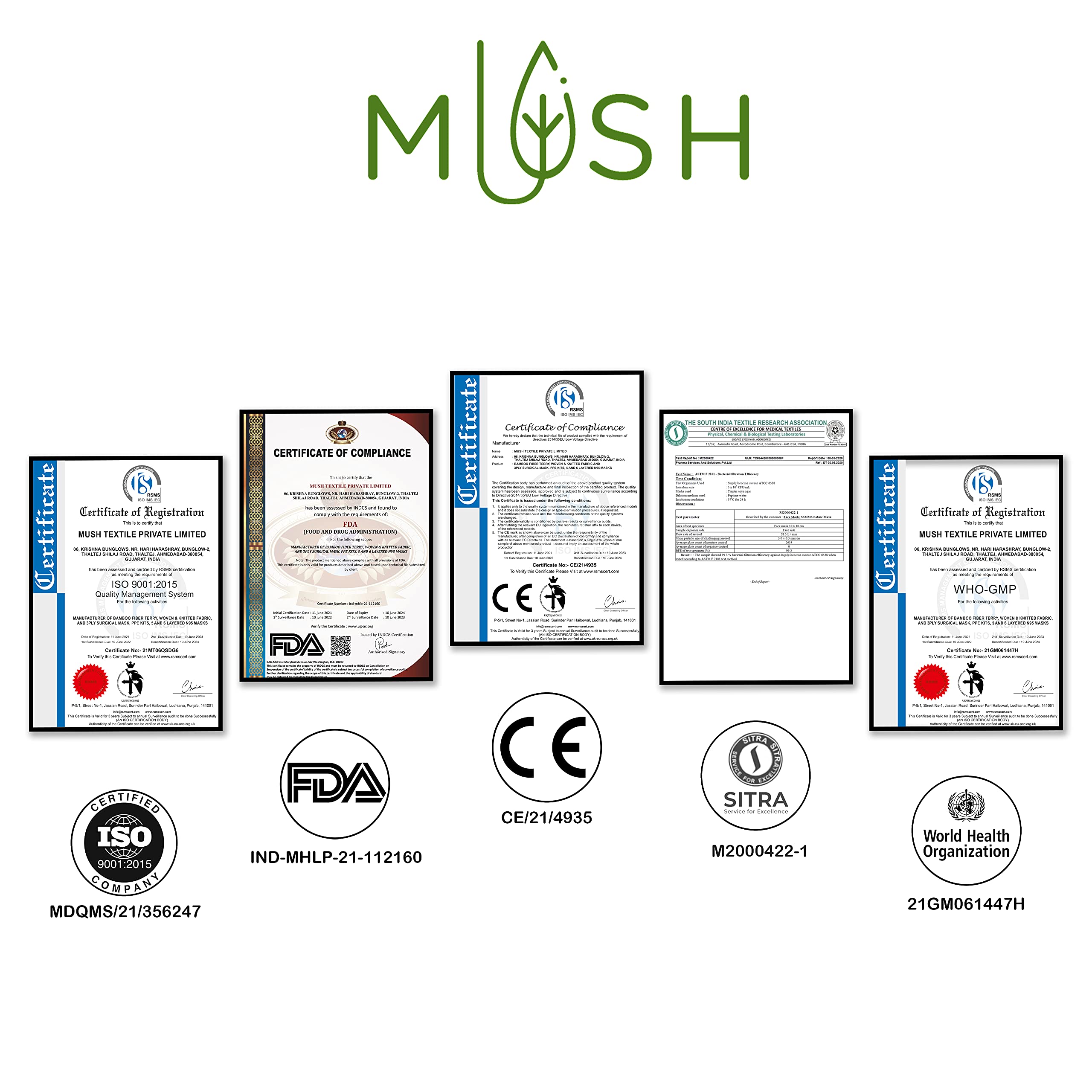 Mush N95 Face Mask : Soft, Reusable 6 layered face mask (Pack of 10). CE, ISO, FDA Certified and NABL, SITRA lab tested