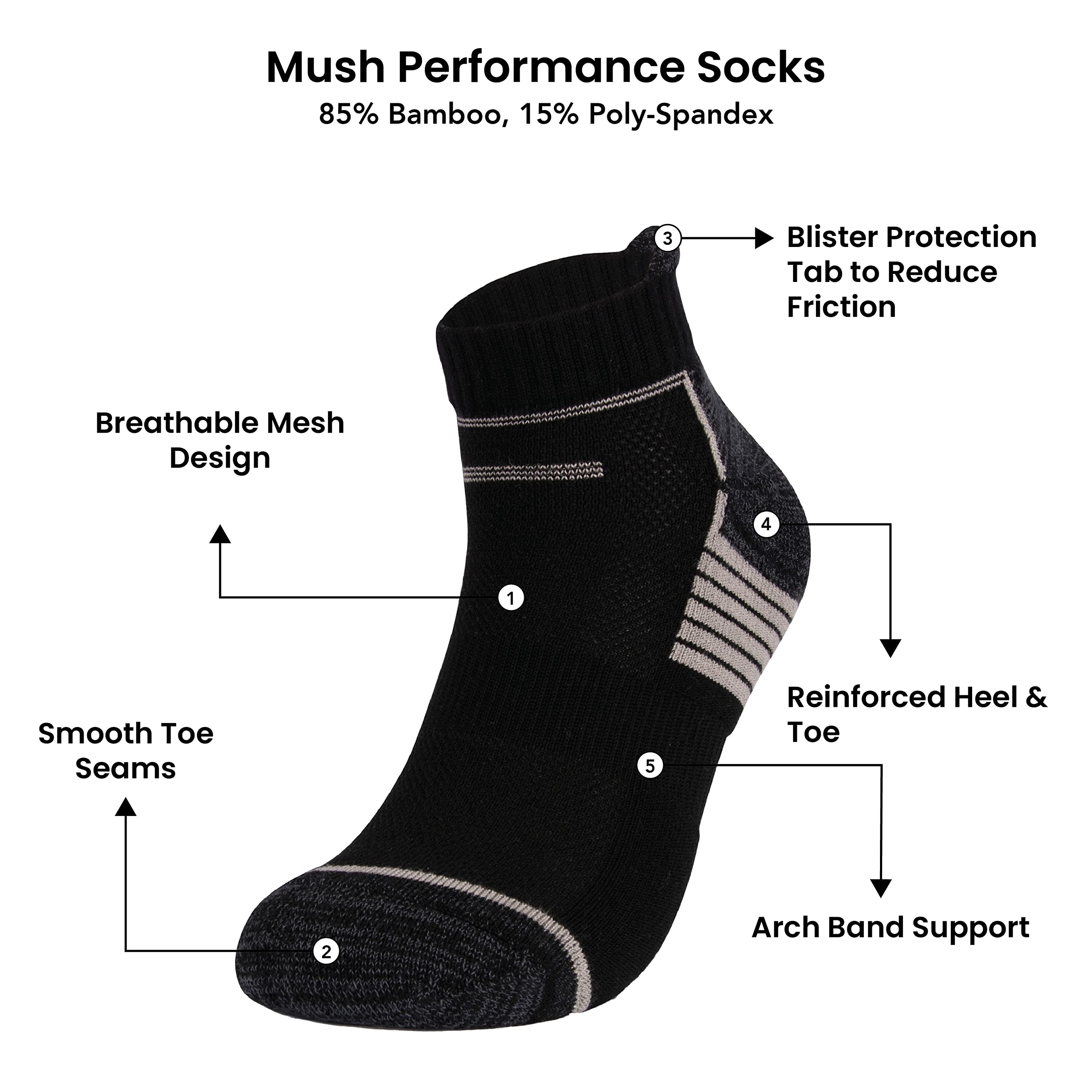 Mush Bamboo Performance Socks for Men || Sports & Casual Wear Ultra Soft, Anti Odor, Breathable Ankle Length Pack of 3 UK Size 6-10 (Black, 3)