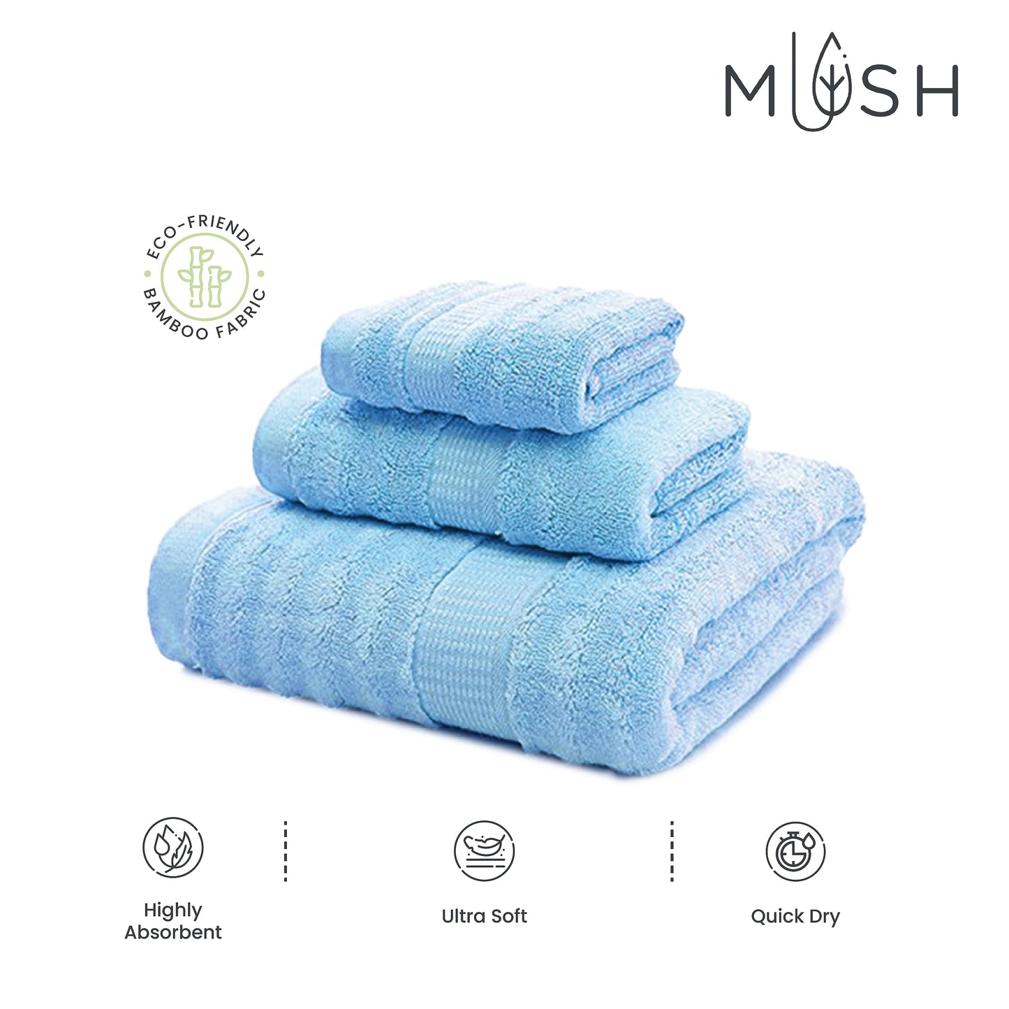 Mush 3 Piece Luxurious Bamboo Towels Set for Men and Women with Premium Packaging | Set of Bath, Hand, and Face Towel | Perfect as a Diwali/Wedding/House Warming (Gift Box : Sky Blue)