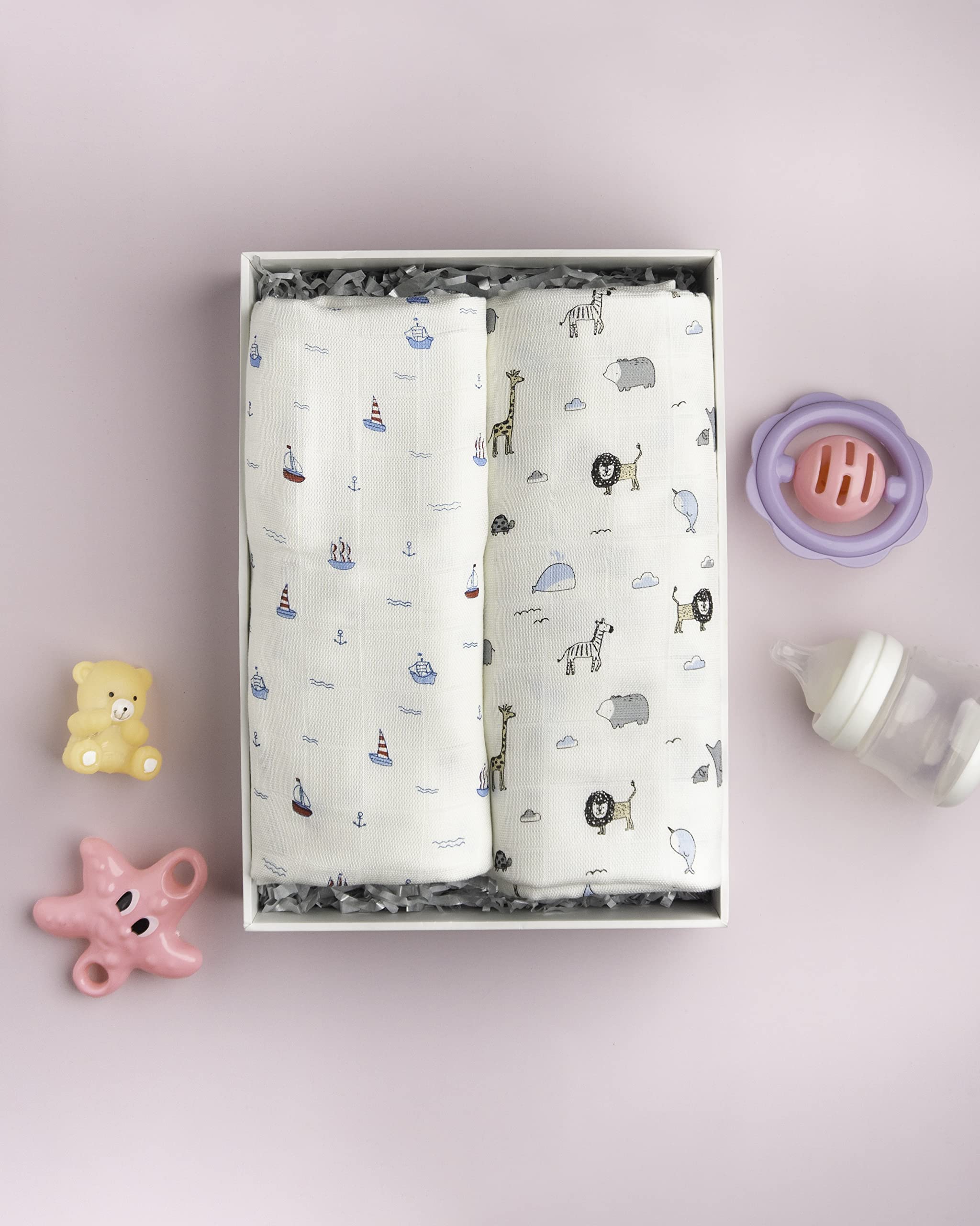 Mush Ultra Soft, Comfortable & Multipurpose 100% Bamboo Baby Swaddle & Wrapper (2, Jungle (Grey) & Sea (Colorful))