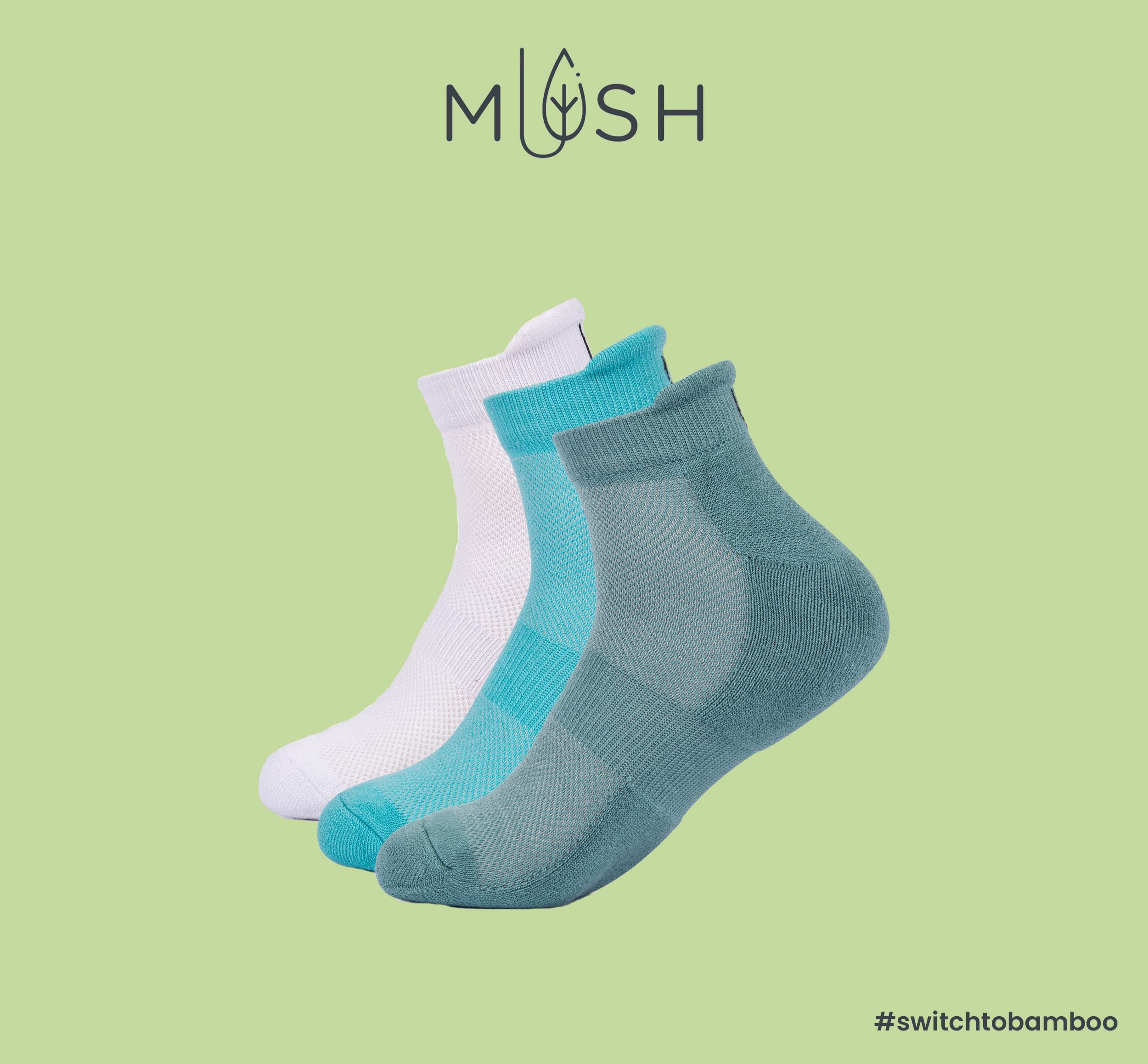 Mush Bamboo Ultra Soft, Anti Odor, Breathable, Anti Blister Ankle Socks for Men & Women for Running, Sports & Gym (Pack of 3) Free Size (Sea Green,Aqua Blue, White, 3)