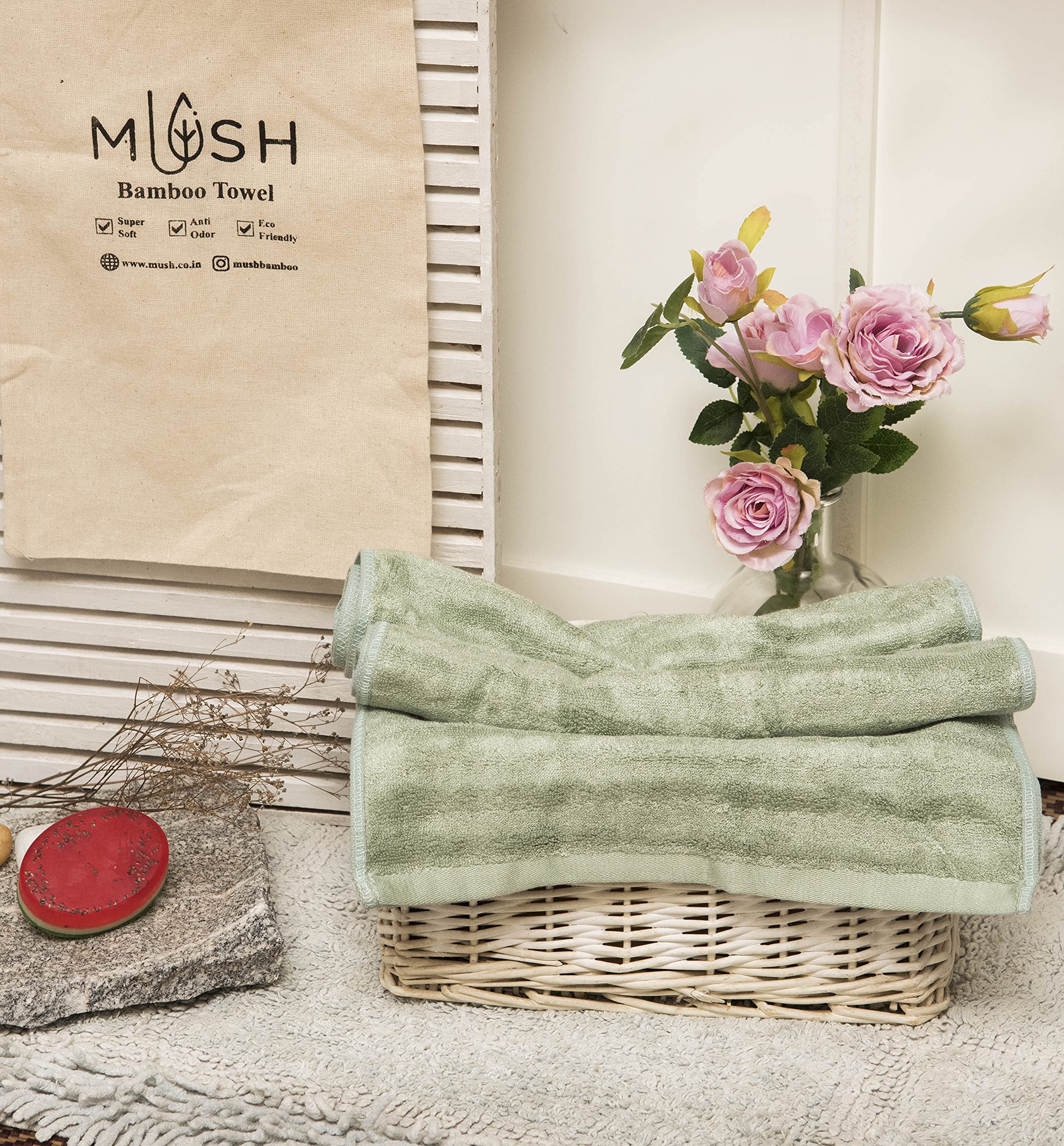Mush Bamboo Hand Towel Set of 2 | 100% Bamboo | Ultra Soft, Absorbent & Quick Dry Towel for Daily use. Gym, Pool, Travel, Sports and Yoga | 75 X 35 cms | 600 GSM (Olive Green)