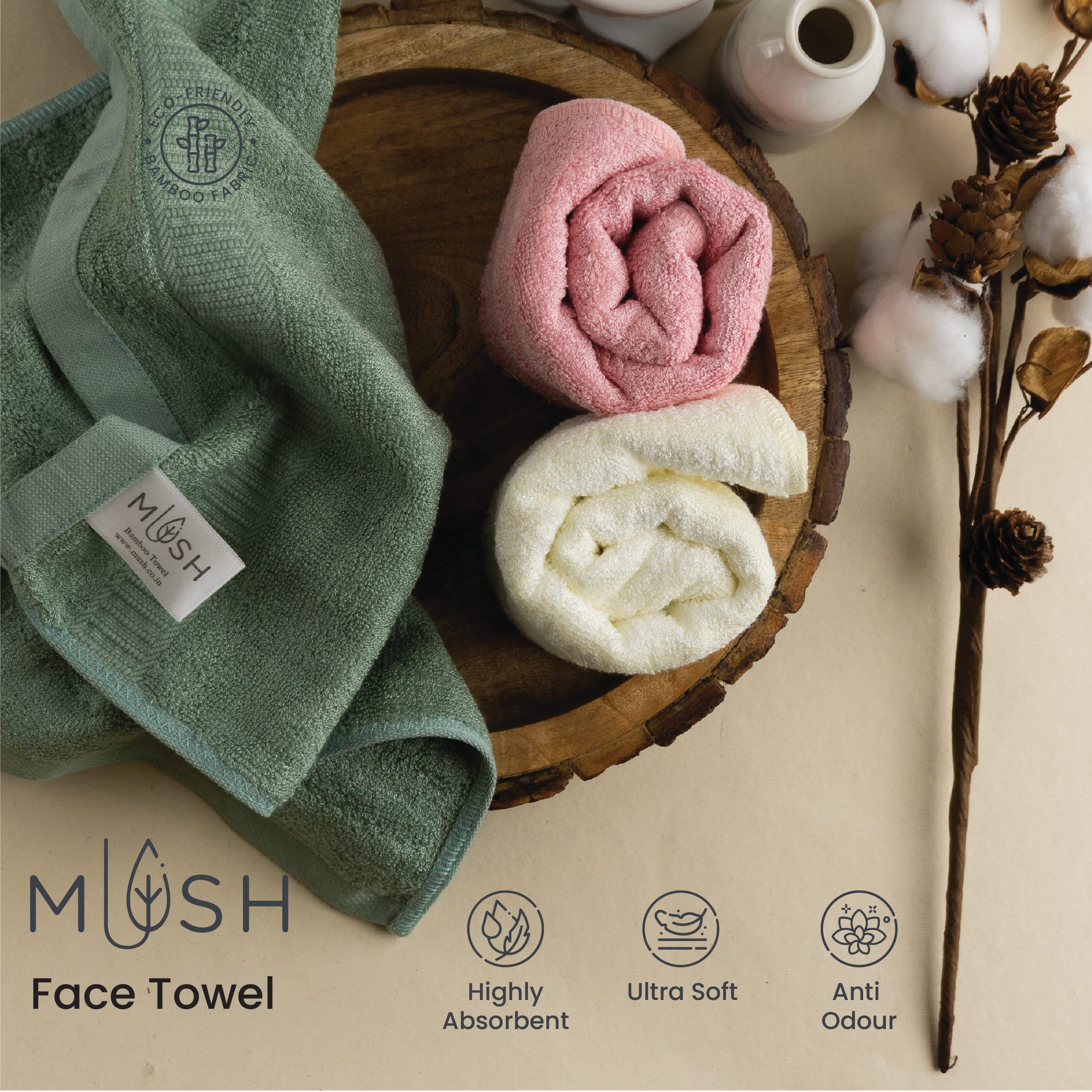 Mush 100% Bamboo Face Towel | Ultra Soft, Absorbent, & Quick Dry Towels for Facewash, Gym, Travel | Suitable for Sensitive/Acne Prone Skin | 13 x 13 Inches | 500 GSM (Green,Pink,Grey)