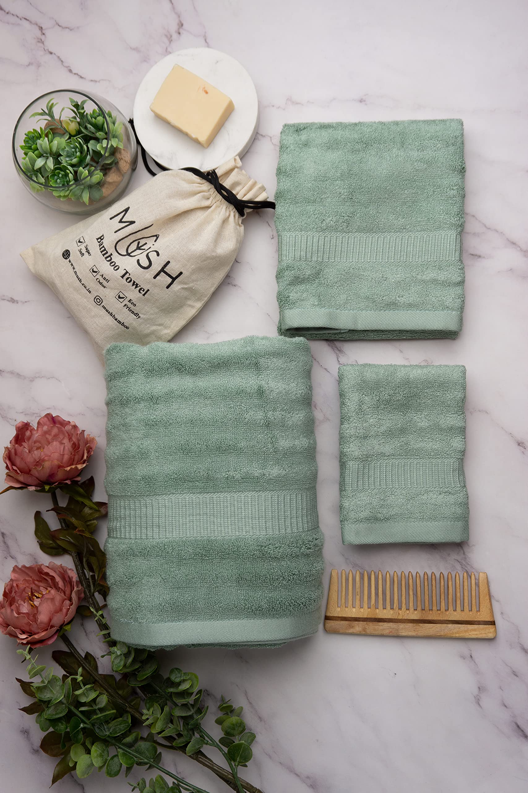 Mush Bamboo Towel: Ultra Soft, Absorbent, Eco 600 GSM 6 Pieces (2 Bath, 2 Hand, 2 Face) Couple Gift Set (Navy & Green)