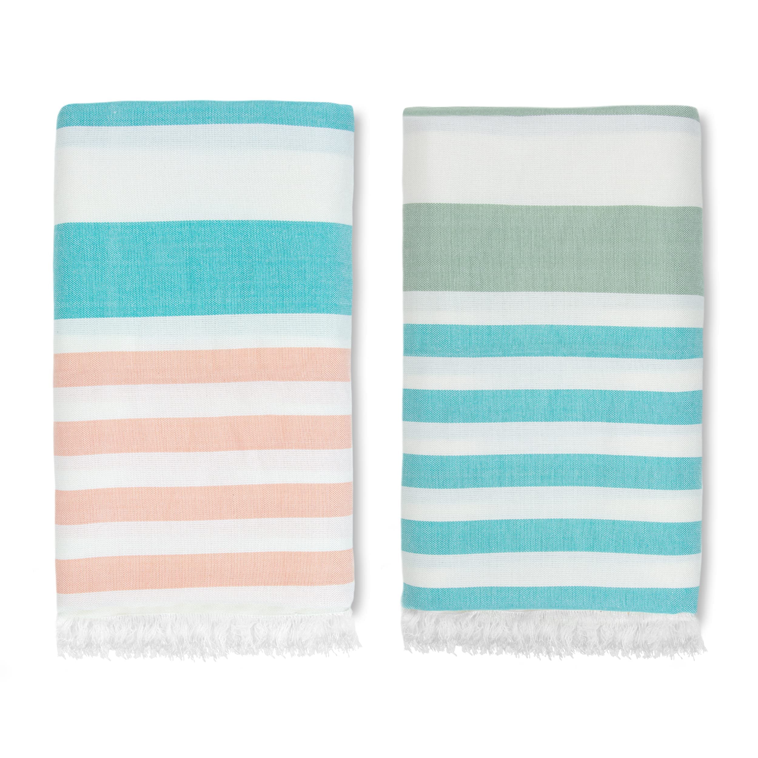 Mush Bamboo Extra Large Cabana Style Turkish Towel | Ideal for Beach, Bath, Pool, Travel & Yoga | Size : 90 x 160 cms | Peach-Turquoise & Turquoise-Light Green, Pack of 2