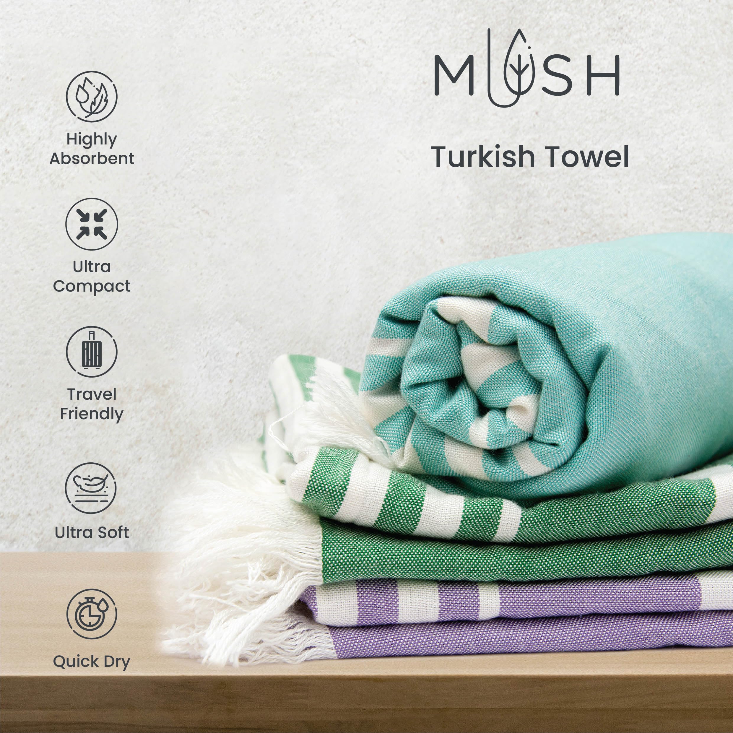Mush Bamboo Turkish Towel Set: Perfect Diwali, Wedding, Housewarming, Anniversary Gifts for Women, Men, Couples. Soft, Absorbent, Compact, Quick Dry Towel for Bath, Travel, Gym, Beach, Pool, Yoga (Gift Box : 2 Blue - Light Green)