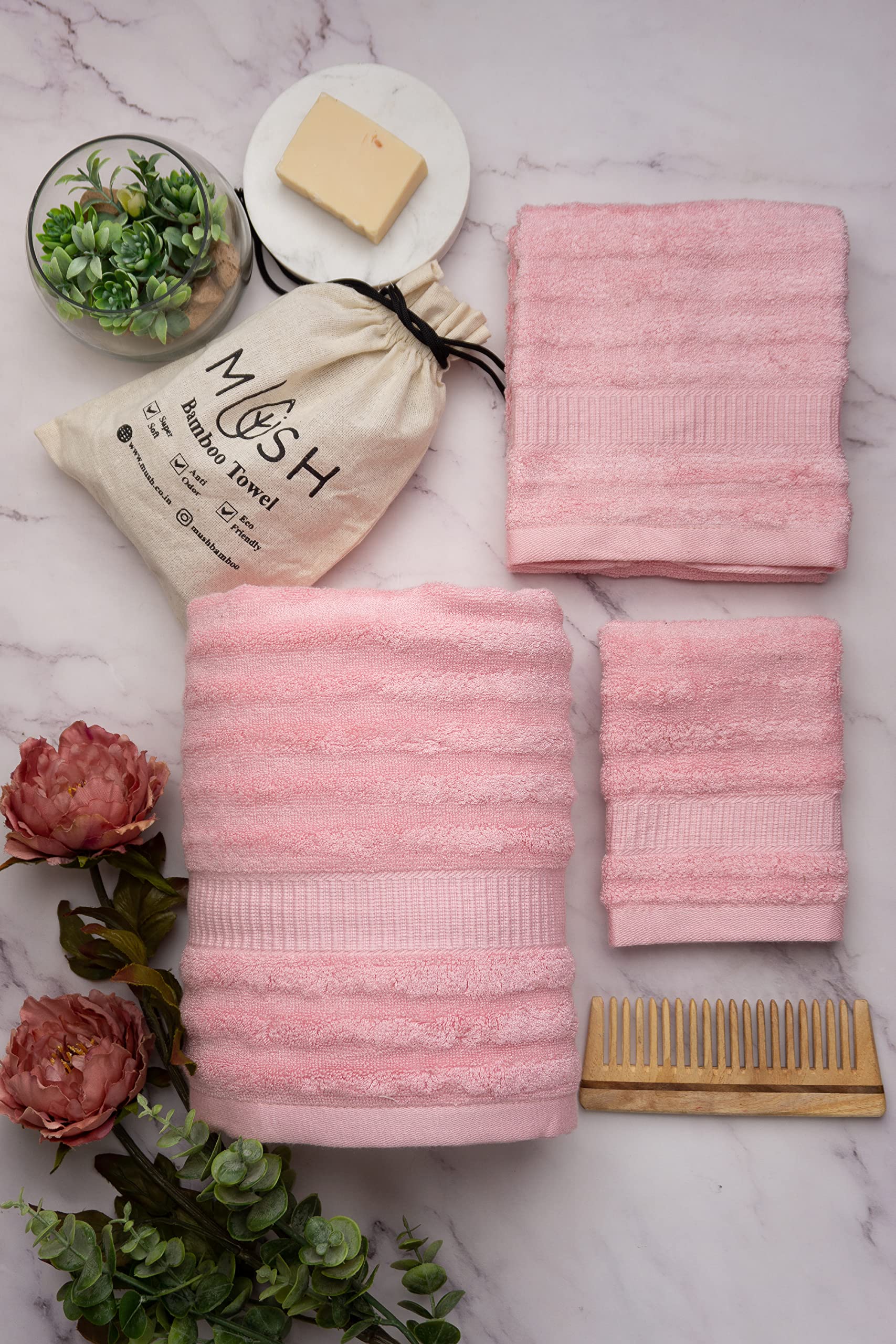Mush Bamboo Luxurious 3 PieceTowels Set | Ultra Soft, Absorbent and Antimicrobial 600 GSM (Bath Towel, Hand Towel and Face Towel) Perfect for Daily Use and Gifting (Pink)