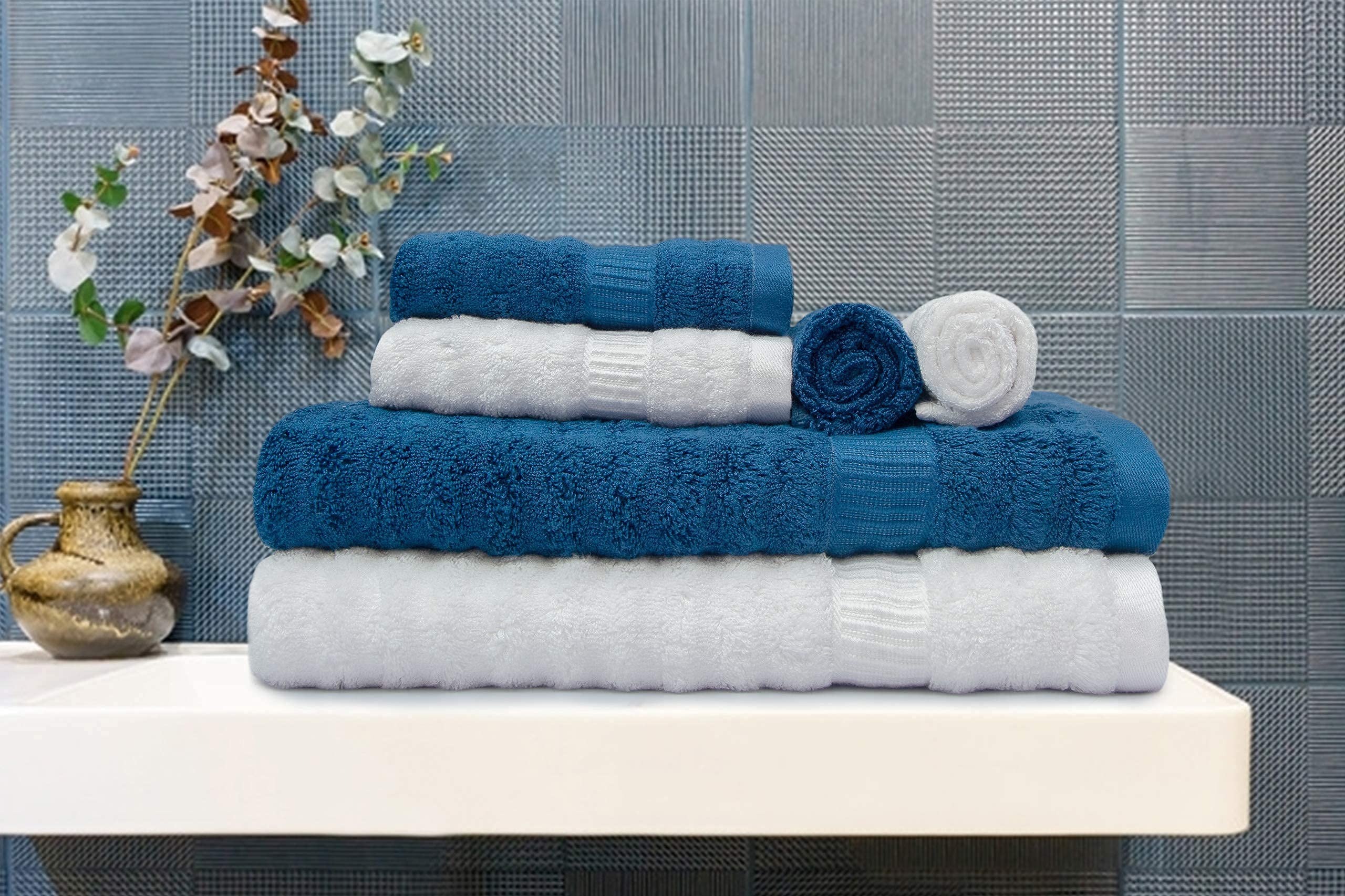 Mush Bamboo Towel: Ultra Soft & Absorbent 600 GSM 6 Piece Couple Set (White & Navy Blue, 2)